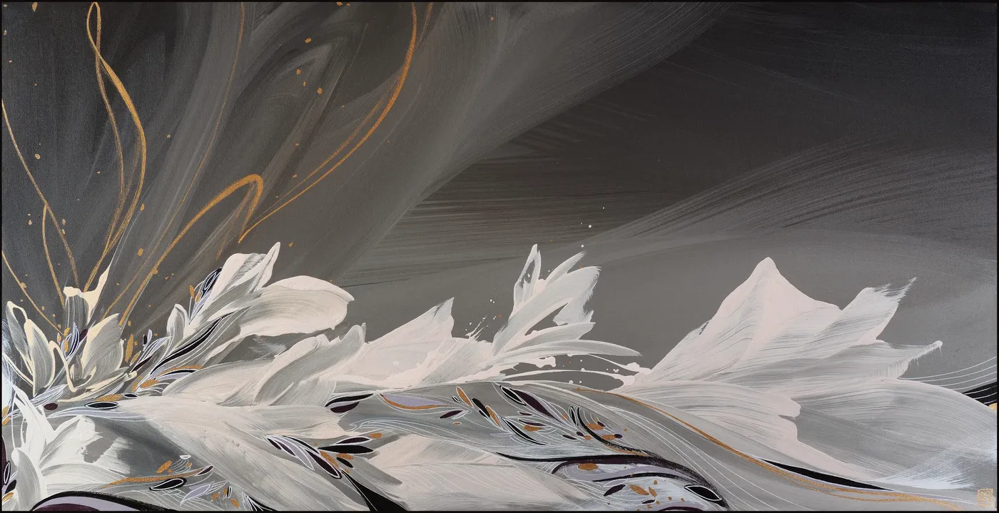 Pale petal and wing forms sweeping across a smoky grey field, threaded with fine gold filaments that arc up and out of the frame.