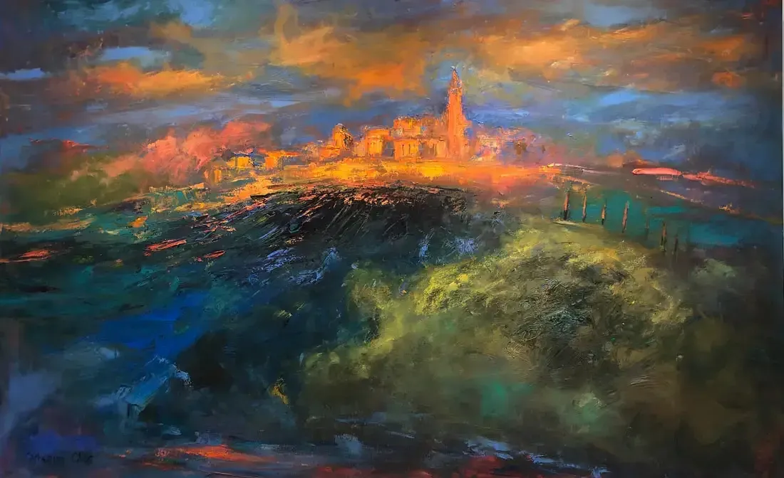 A hilltop town burning gold on the horizon above a dark green and blue field, under a bruised violet sky.