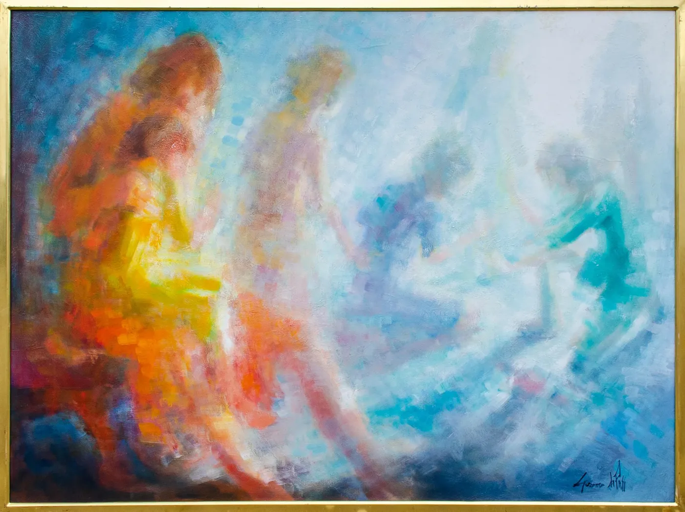 Figures dissolving into a field of blue and white light, one at the left burning orange and yellow, the others barely more than a movement.