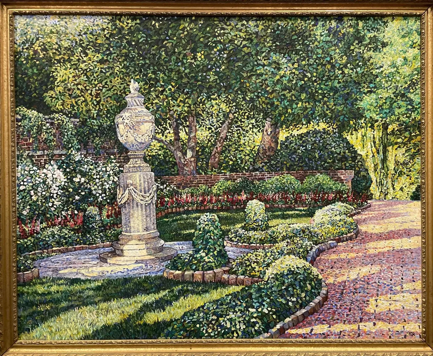 A formal walled garden rendered in dense points of colour: a carved stone urn on a pedestal, clipped box hedges, a brick path curving away through dappled light.