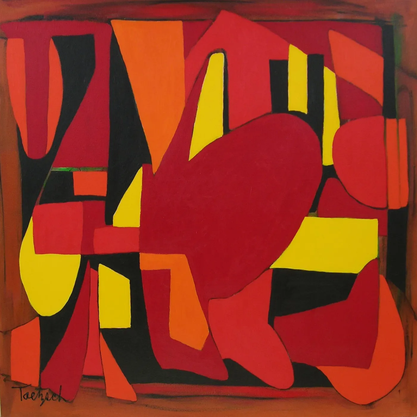 Flat interlocking shapes in crimson, orange, yellow and black, packed edge to edge against a warm brown border.