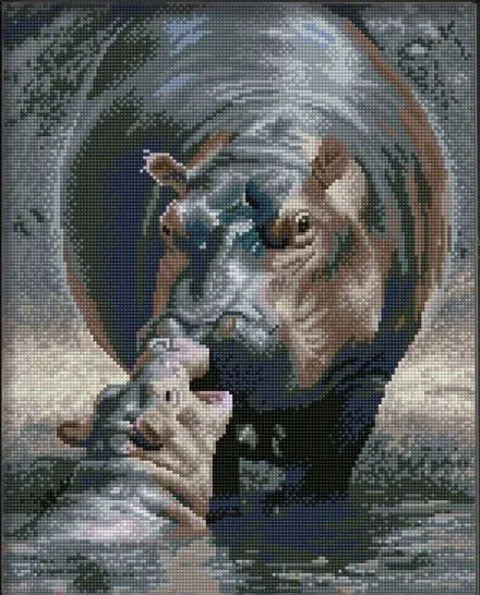 A mosaic of tiny faceted resin dots: a hippopotamus lowering its head to a calf that lifts its muzzle to meet her, both half in dark water.