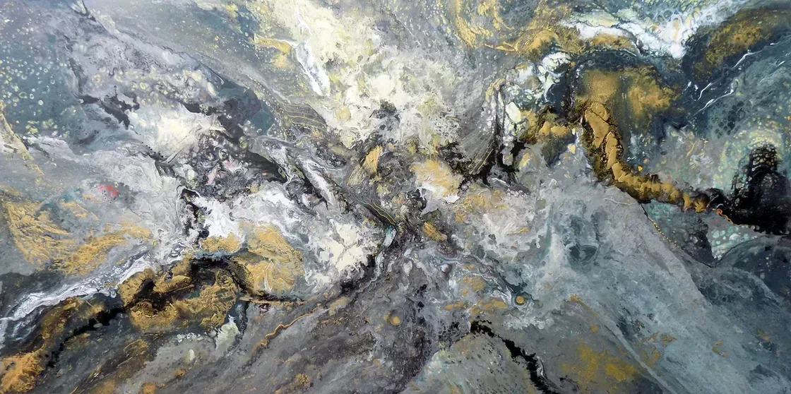 A poured and marbled abstract in slate grey, pewter and white, veined throughout with rivers of gold.