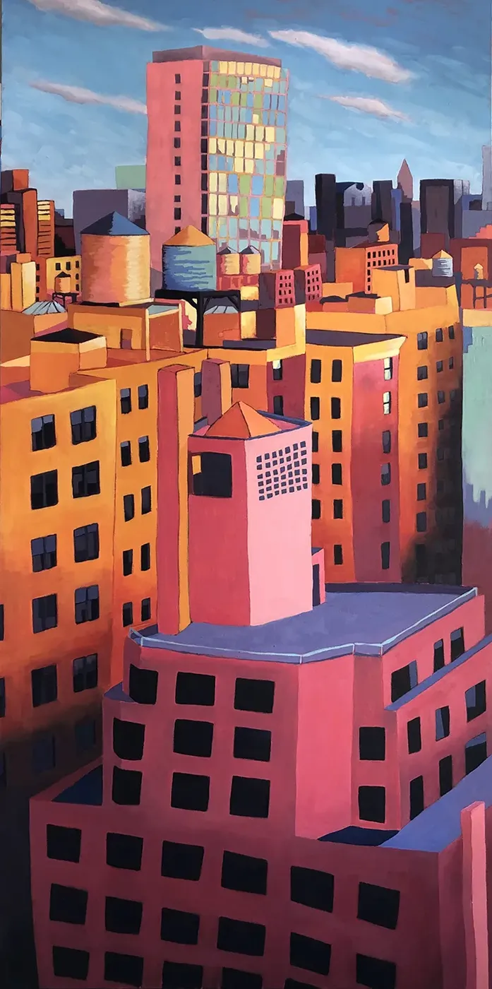 A tall canvas of Manhattan rooftops in coral, orange and hot pink, water towers and setbacks stacked up to a blue skyline.
