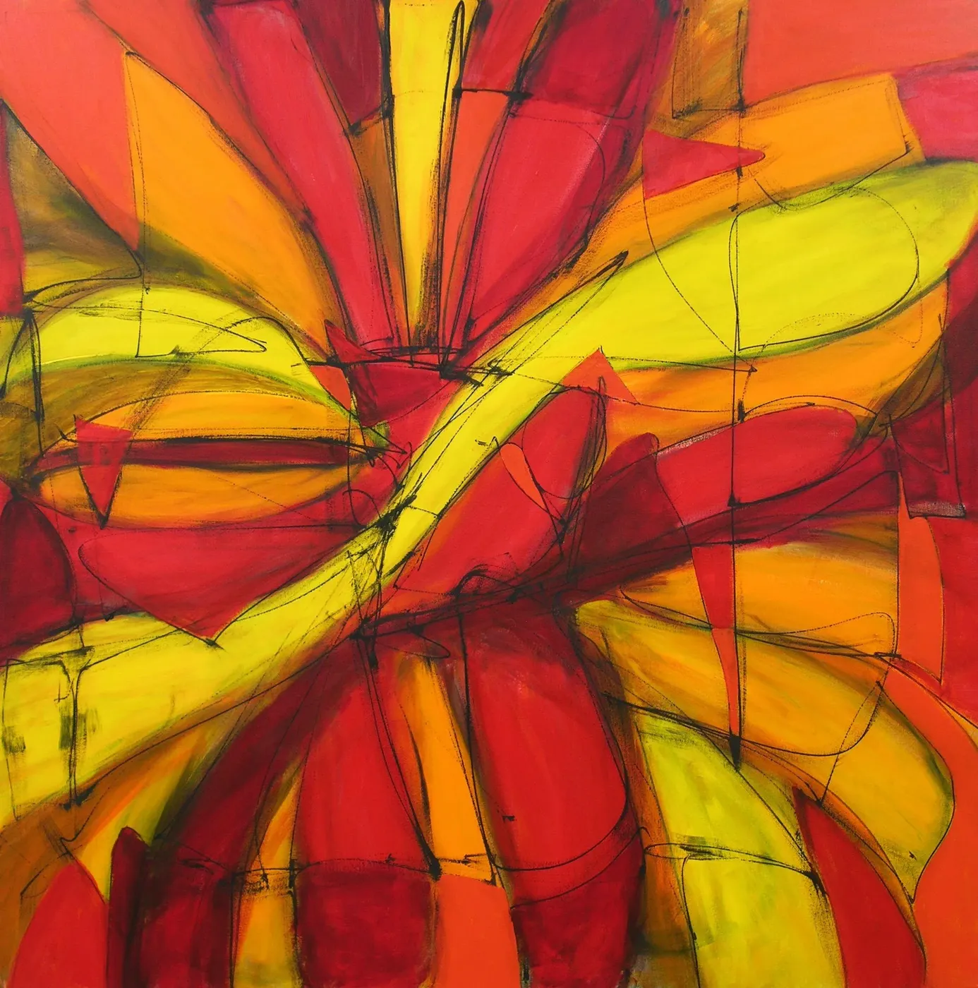 Red, orange and acid-yellow petal shapes radiating from the centre of the canvas, overdrawn with loose black contour lines.