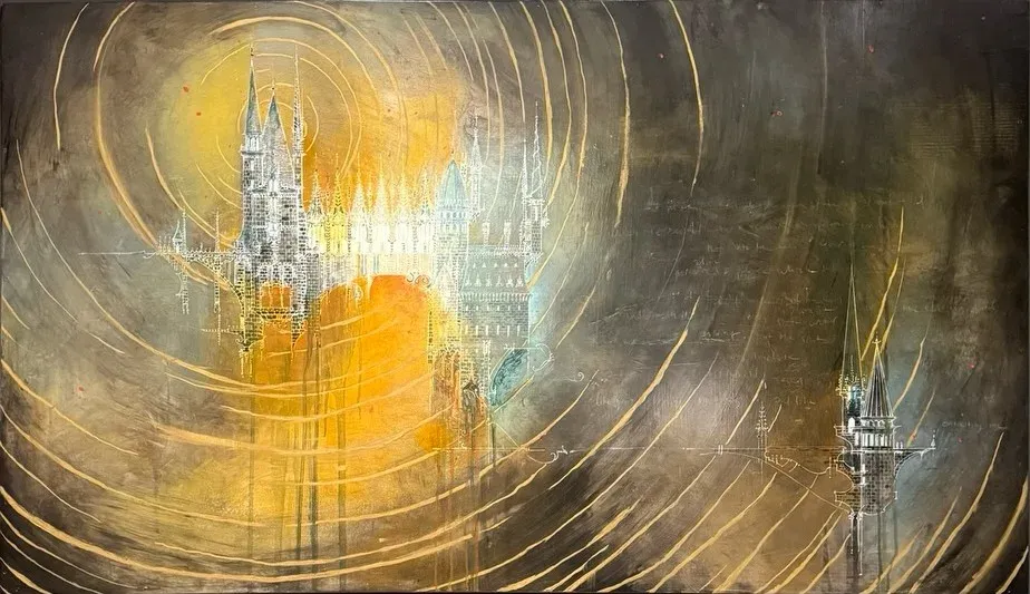 A wide panel in gold and slate. A spired city burns out of a sunburst at the left; a single tower stands far off at the right, and great concentric arcs of gold sweep across the whole surface like rings on water.