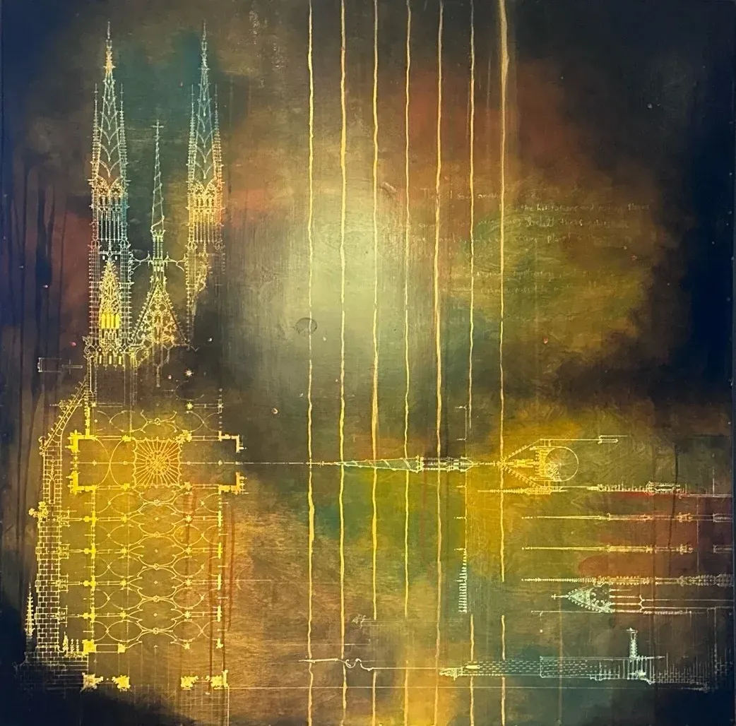 A cathedral drawn in fine gold line on a smoky green and umber ground: twin spires at the upper left, and beneath them the building's ground plan and rose window set out as if on a drawing board.