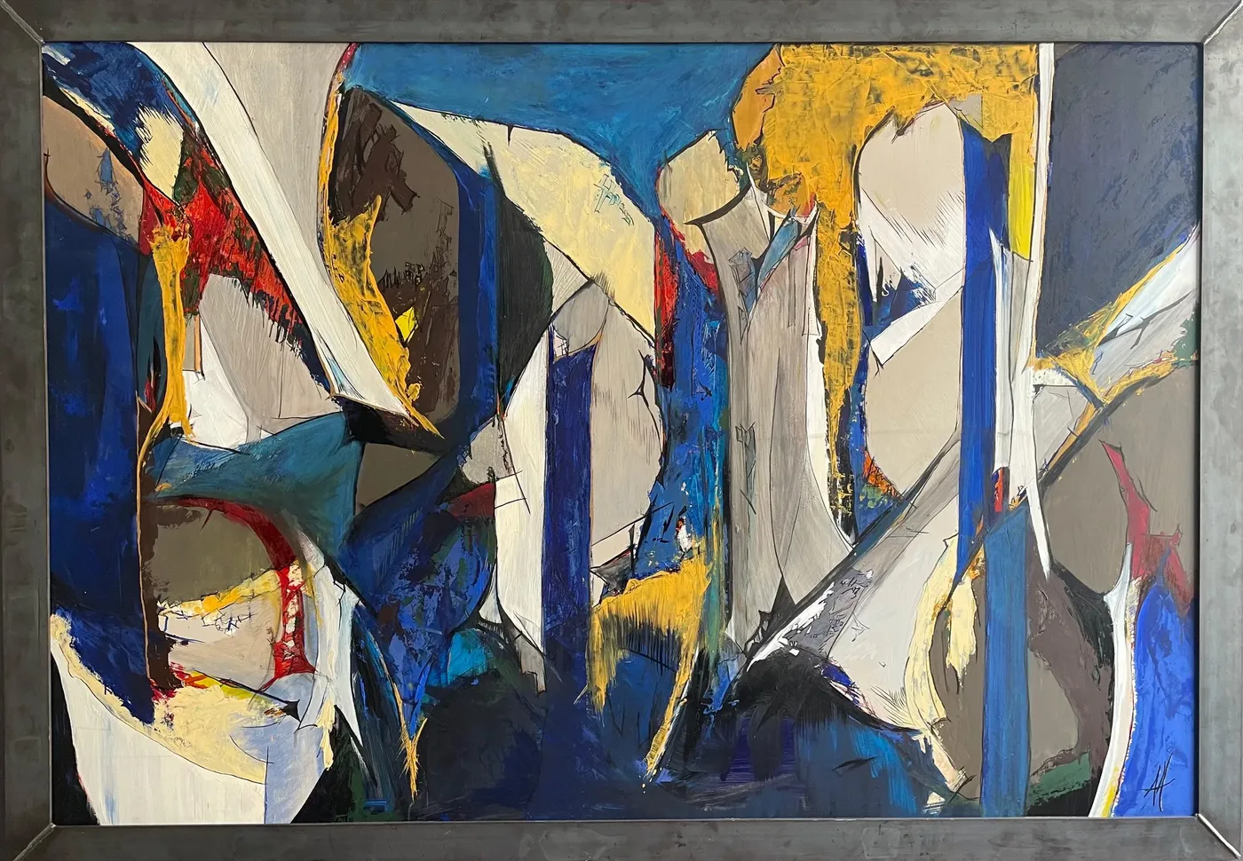 Large abstract composition of blue, white and gold planes cutting across one another like sails or shards of ice, with flashes of red at the edges.