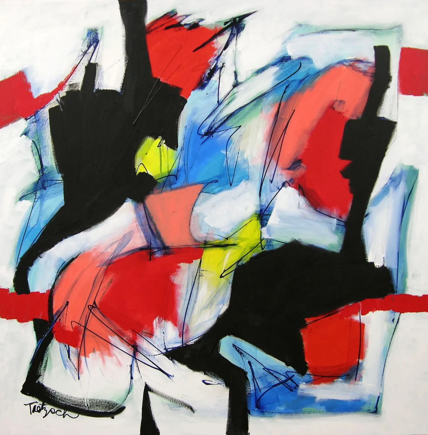 Black, red and blue gestures thrown across a white ground, with scribbled ink lines and a flash of yellow at the centre.