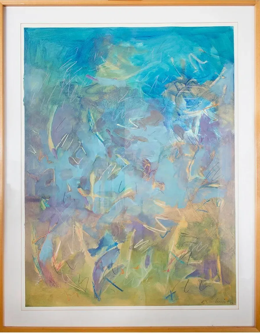 Turquoise and violet strokes over a sandy ochre ground, scratched through with pale linear marks like reeds in shallow water.